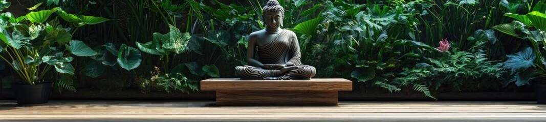 Buddha Statue with Nature Background, Green Plants, Flowers, and Wooden Tabletop