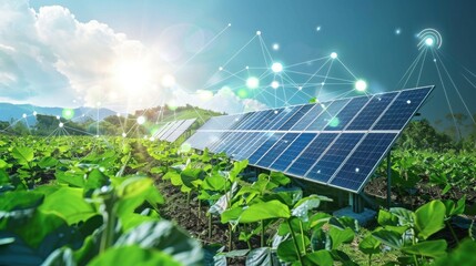 Solar panels in a lush field with AI sensors optimizing energy output.