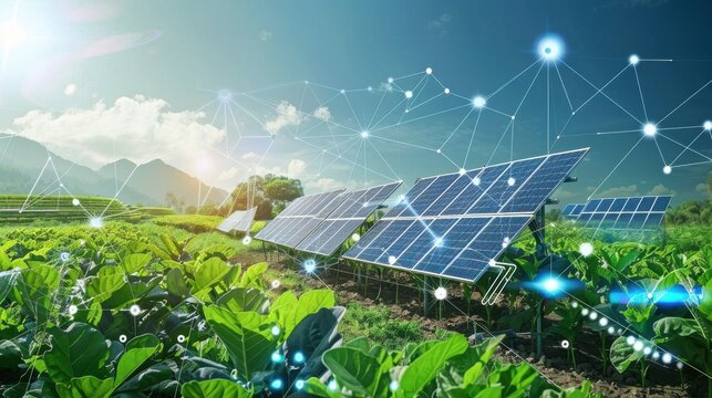 Solar panels in a lush field with AI sensors optimizing energy output.