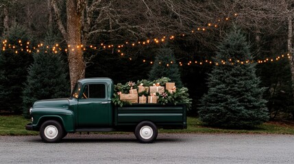 Obraz premium A vintage green pickup truck is parked at a Christmas tree farm, adorned with lights and surrounded by stacked gifts and a beautifully decorated tree for the holidays.