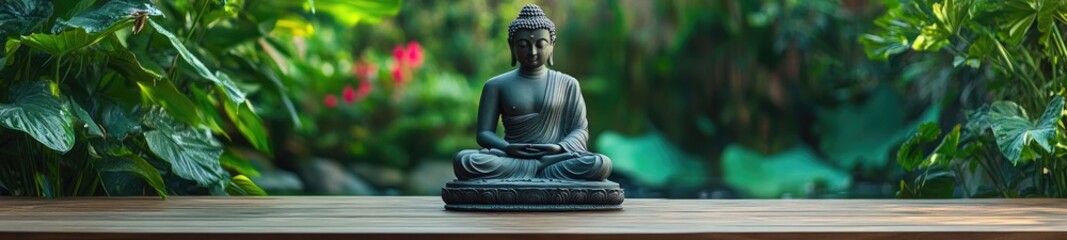 Buddha Statue with Nature Background, Green Plants, Flowers, and Wooden Tabletop