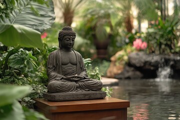 Buddha Statue with Nature Background, Green Plants, Flowers, and Wooden Tabletop