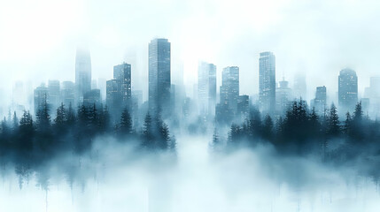 Fototapeta premium A foggy cityscape with tall buildings obscured by a thick layer of fog, with a forest in the foreground.