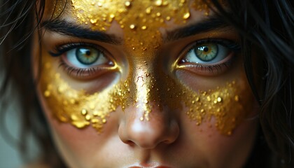 A detailed portrait of a person with their eyes looking directly at the viewer. Their eyes are filled with a powerful, unwavering gaze, but their face is covered in a thin layer of gold paint