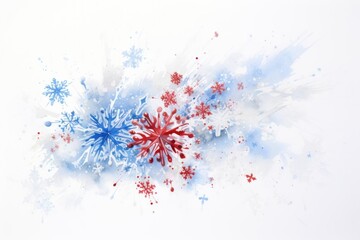 A beautiful watercolor painting of delicate blue and white snowflakes cascading onto a white canvas, accented by rich red cursive script in the center