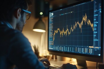 Business person analyzing trading chart on computer screen in modern office
