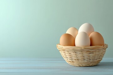 A rustic woven basket filled with fresh brown and white eggs, perfect for culinary or farm-themed projects.. Beautiful simple AI generated image