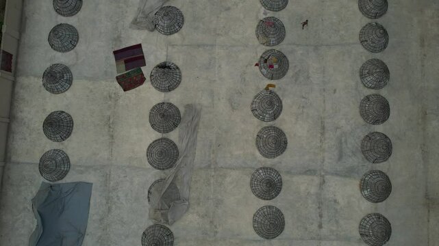 Aerial view of mounds of rice with hat-shaped cones, Chittagong, Bangladesh