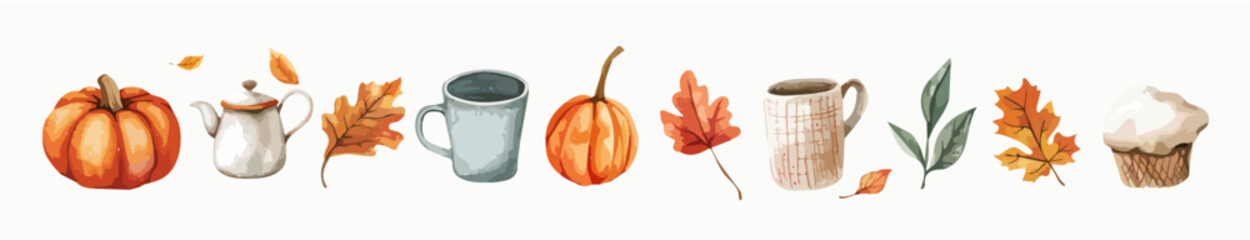 Autumn cozy elements, vector set,  watercolor. Colorful and cute clip art illustrations, perfect for greeting cards, invitations, banners, posters, textile, covers.