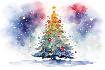 Obraz premium Capture a magical moment with a low-angle view of a festive Christmas watercolor design Featuring a stunning decorated tree
