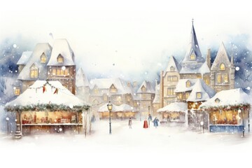 Fototapeta premium Capture a serene winter wonderland in a watercolor painting of a festive Christmas market with stalls adorned in twinkling lights and garlands, gently dusted with snowflakes