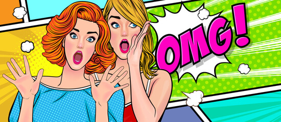 Woman whispering gossip secret to her friend surprise In Retro Vintage Pop Art Comic Style