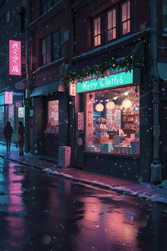 A night scene of a street with snow falling, featuring a brightly lit shop with a sign that reads "Mary Herbs" in neon letters. The shop window is decorated with Christmas lights and garland.