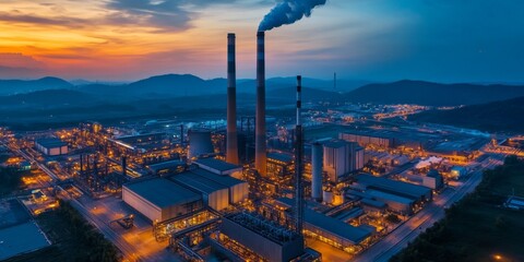 Obraz premium Aerial view of a modern industrial factory complex with illuminated structures, surrounded by greenery
