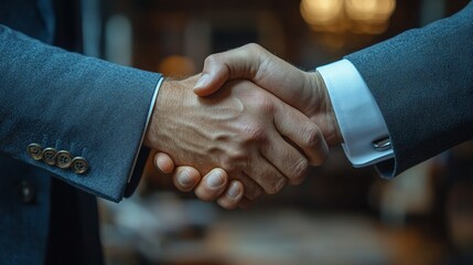 Sealing the Deal: A firm handshake between two businessmen in elegant suits, symbolizing trust and agreement in a sophisticated setting. 