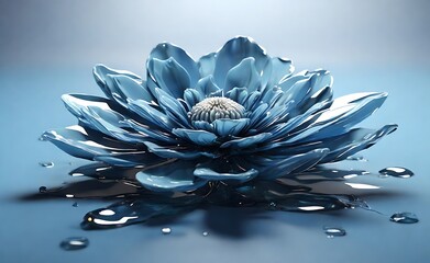 Abstract single blue flower blooming by transparent liquid fluid ink petal on blue background. 3D render style in studio light. 