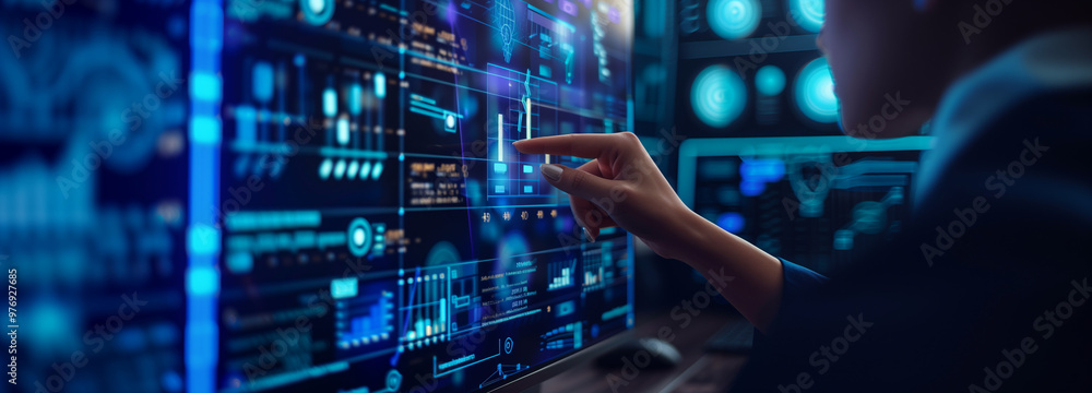 Poster businessman analyzing fiber optic network data on a computer screen, representing digital communicat