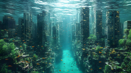 Fototapeta premium A futuristic city submerged underwater with fish swimming through the streets and buildings overgrown with plants.