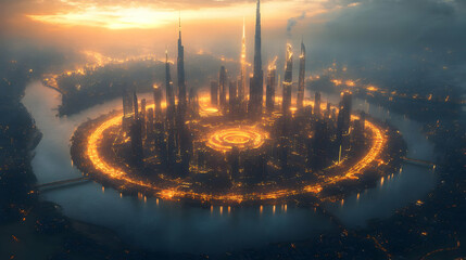 A futuristic city with glowing lights and a circular road illuminated at sunset, surrounded by water.