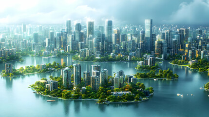 Obraz premium A futuristic city with green islands in a vast body of water, seen from above.
