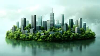 Obraz premium A futuristic city with green trees and buildings on a small island in a clear blue sky and water.