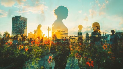 Depict a community gathering in a garden, celebrating the harvest and local agriculture, focus on, celebration theme, whimsical, Double exposure, Community center backdrop