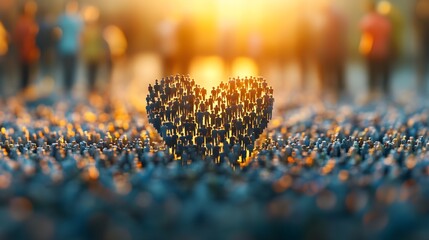 Depict a heart made of small people icons standing side by side, symbolizing collective strength in tough times close up community bonding dynamic Fusion city park backdrop