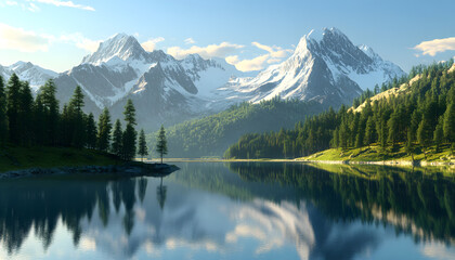 Nature Bliss: A serene mountain landscape with a lake reflecting the snowy peaks at sunrise