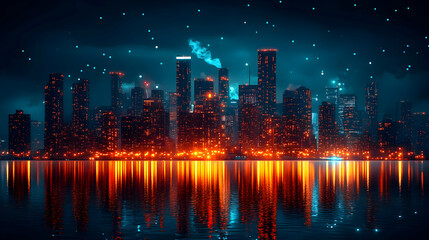 Fototapeta premium A futuristic cityscape at night with neon lights reflecting in the water.