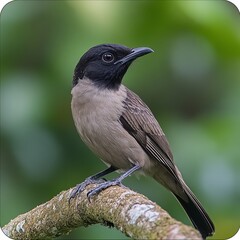 Obraz premium A small bird with a black cap perched on a branch, surrounded by green foliage, in a natural forest setting.