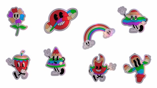 Animated Cartoon abstract characters feature in retro, trendy stickers with funny comic characters and gloved hands. Pride Month. Alpha channel transparency