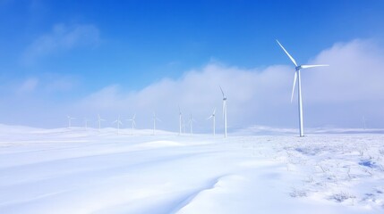 Amidst the pristine snow-covered tundra, wind turbines emerge like frozen sentinels, their white blades turning softly in the quiet winter. The scene feels ethereal and calm