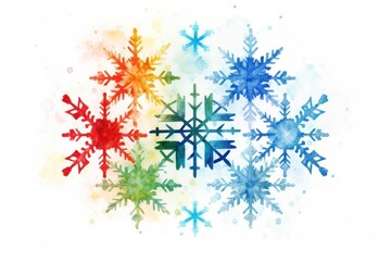 Design a captivating watercolor artwork showcasing intricate snowflakes in a light snowfall, vibrant colors contrasting against a white background