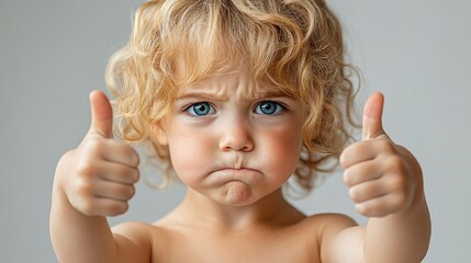 The Mixed Signals of Childhood: A close-up portrait of a toddler with a mischievous grin and thumbs up, capturing the innocent contradiction of a child's playful nature.  