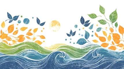 Develop a community team shirt with nature-inspired elements, featuring leaves or waves, and a hand-drawn logo, emphasizing environmental consciousness and teamwork