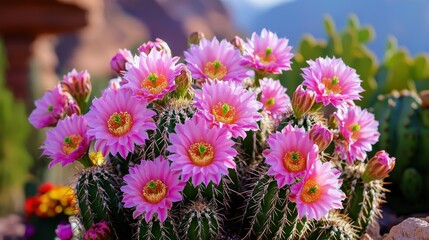 Fototapeta premium A vibrant display of pink cactus flowers blooming in a sunny landscape, showcasing nature's beauty and resilience.