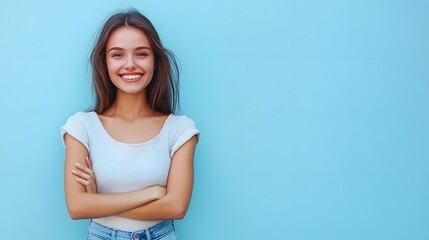 Smiling woman with arms crossed, wearing a white t-shirt and blue jeans, against a light blue background.