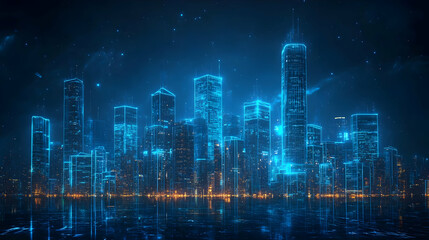 Obraz premium A futuristic cityscape with glowing blue skyscrapers and a starry night sky. The buildings are reflected in the water below, creating a surreal and ethereal effect.