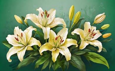 Beautiful lily flowers on a green background. Vector illustration, Beautiful botanic lily flower oil paint illustration