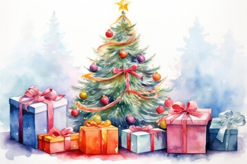 Illustrate a cheerful holiday scene using watercolor techniques, focusing on a vibrant Christmas tree adorned with colorful ornaments and presents