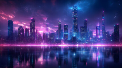 Fototapeta premium A futuristic cityscape with glowing neon lights reflecting on the water, with a purple and blue sky and stars.