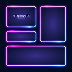 Glowing neon banners, illuminated colorful square frames. Shiny vibrant border, glow effect. Blue vintage retro lights, night illumination. Modern futuristic UI design elements. Vector illustration