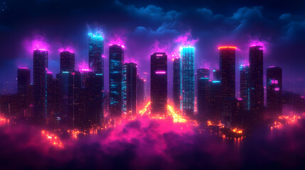 Fototapeta premium A futuristic cityscape with neon lights and glowing clouds.