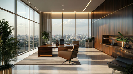 Fototapeta premium A high-end executive office with a panoramic view, luxurious furnishings, and a conference area.