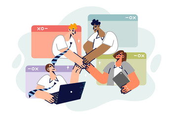 Online team of telecommuters holding hands, looking out of electronic windows and holding gadgets