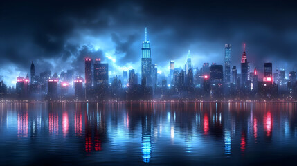 Naklejka premium A futuristic cityscape with skyscrapers illuminated by neon lights reflected in the water.