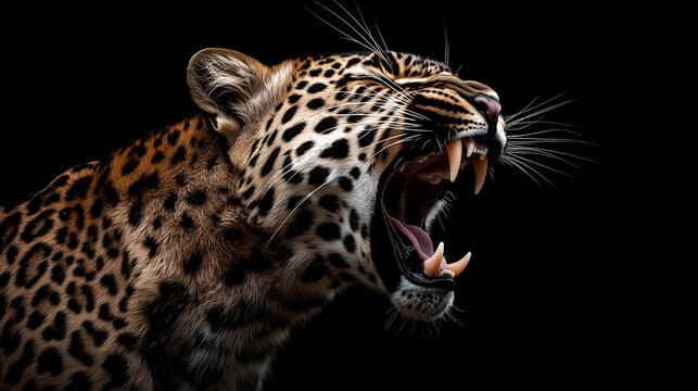 An angry leopard with an open mouth and sharp teeth