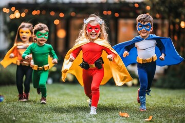 Children dressed as superheroes running around a yard with capes flying behind them.