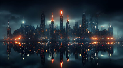 Fototapeta premium A futuristic cityscape with tall buildings and glowing lights reflected in the water.