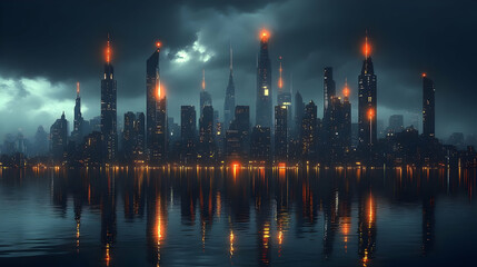 Naklejka premium A futuristic cityscape with towering skyscrapers and neon lights reflected in a calm body of water.